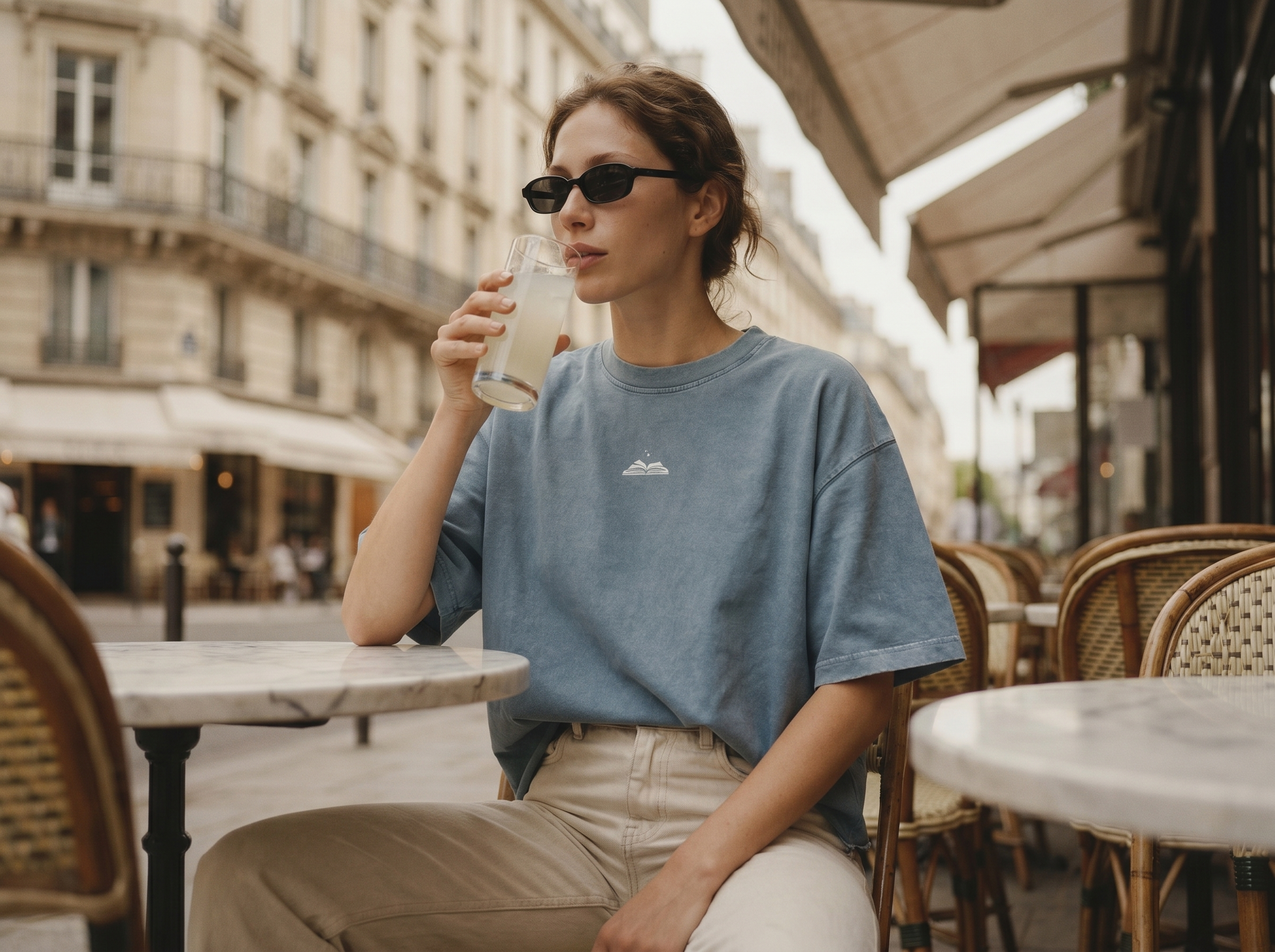 Woman sitting at an outdoor cafe, holding a drink, with a city street background.