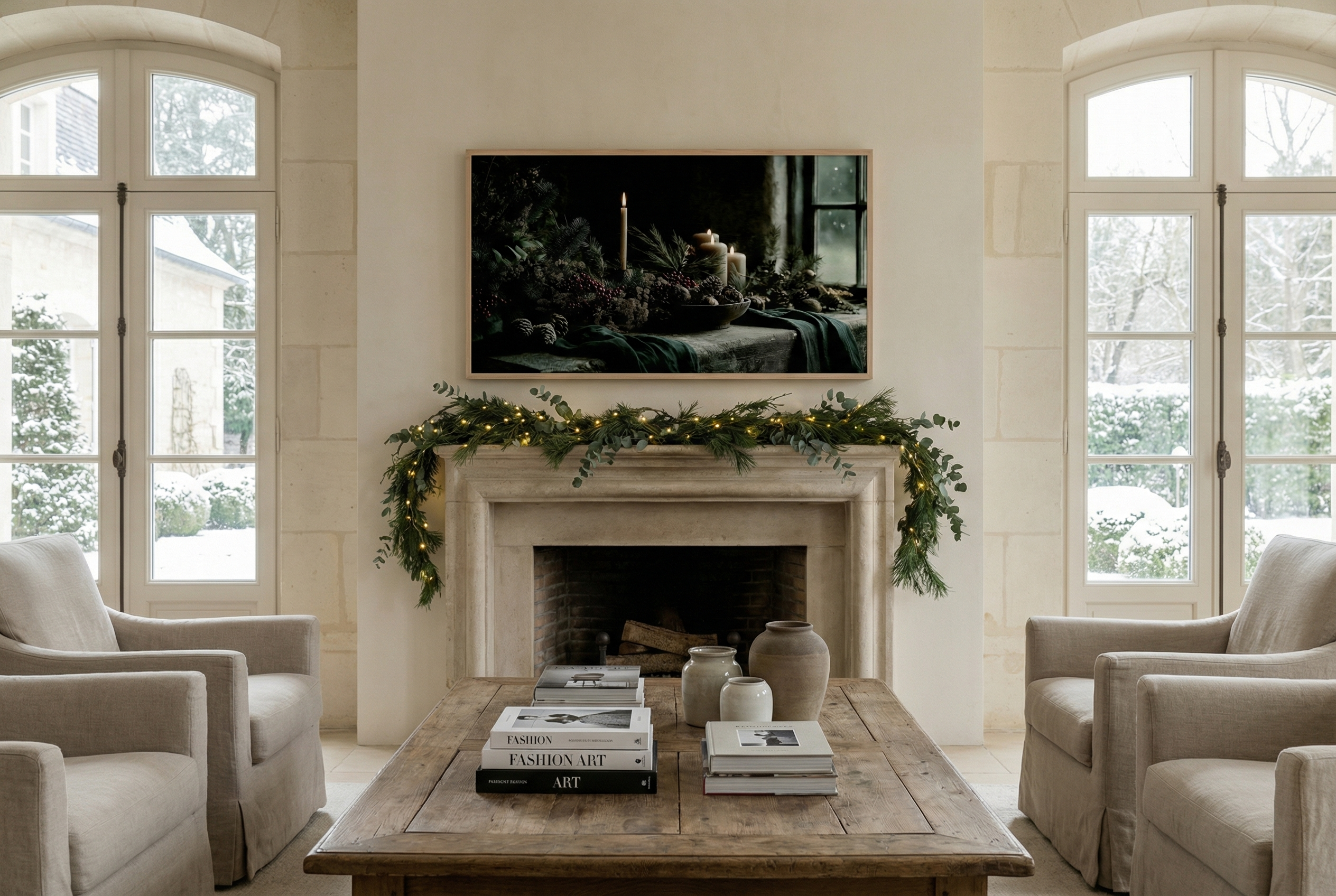 Frame TV above a stone fireplace in a bright living room, showing a candlelit winter still life with berries and evergreens.