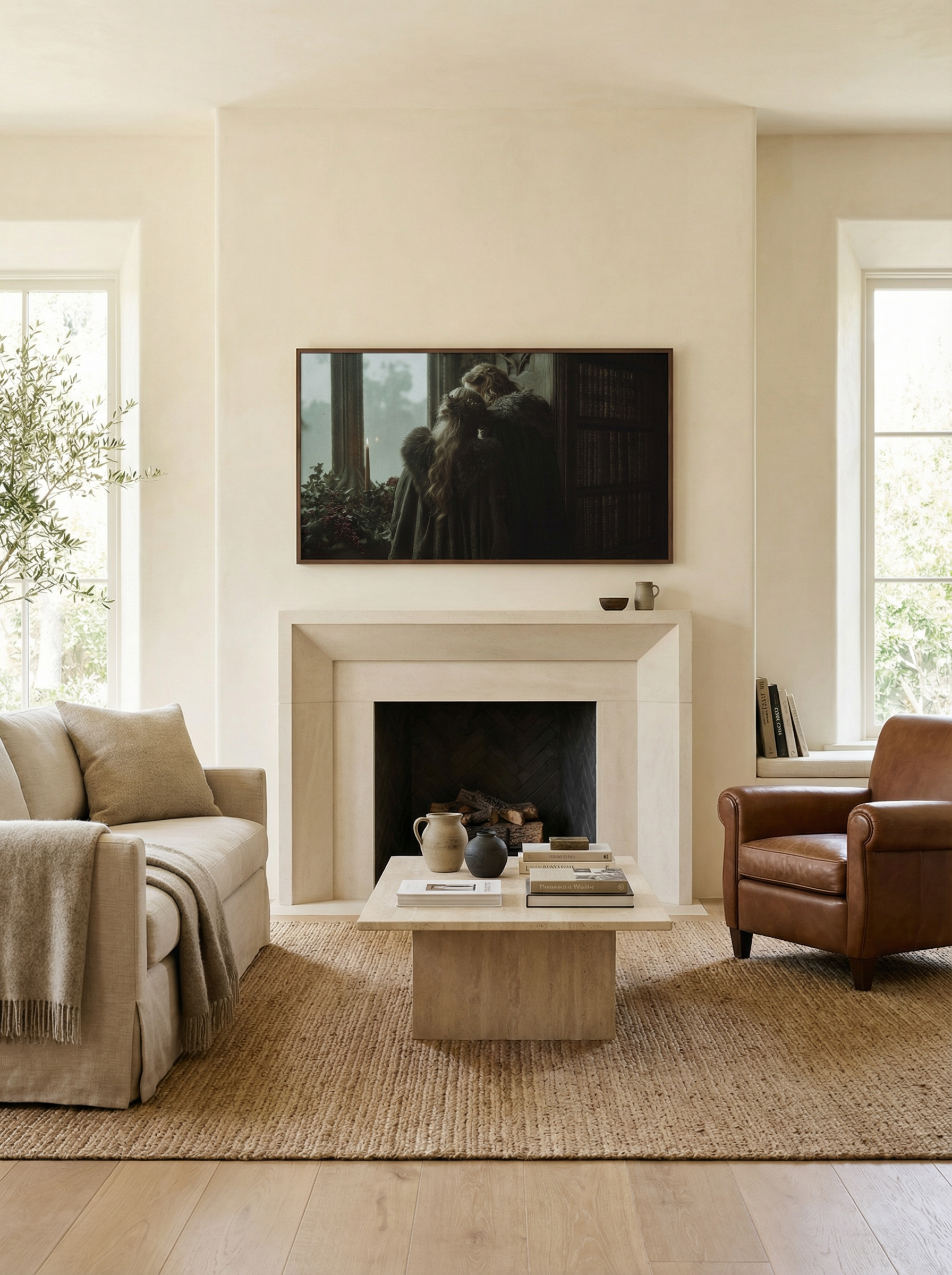 Bright neutral living room displaying medieval winter library artwork on a Frame TV above a stone fireplace.