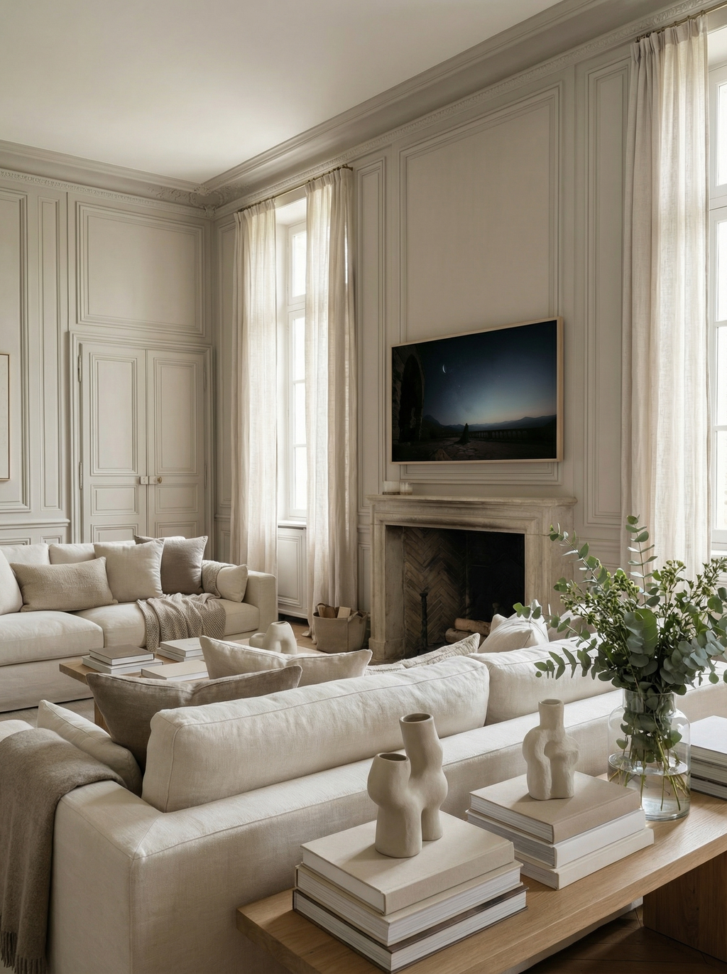 Fantasy night scene with crescent moon displayed above a fireplace in a soft, neutral living room with tall curtains.