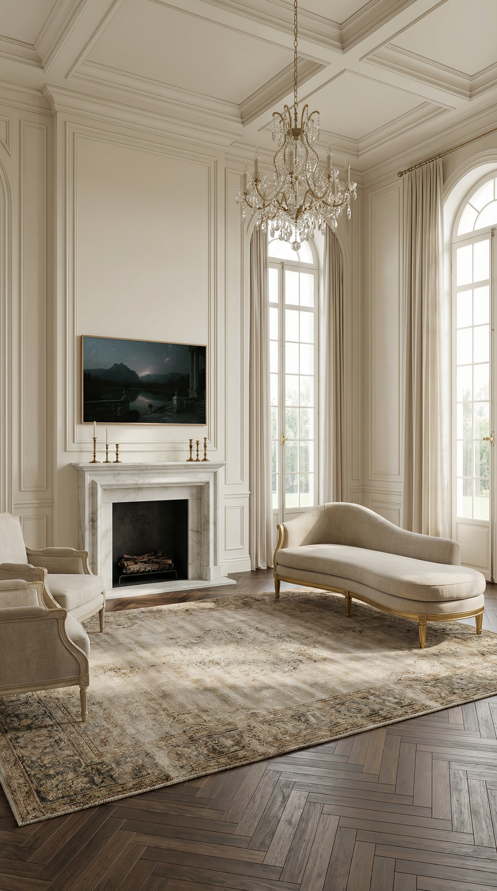 Large fantasy nightscape artwork hung in an elegant room with high ceilings, a chandelier, and classic architectural details.