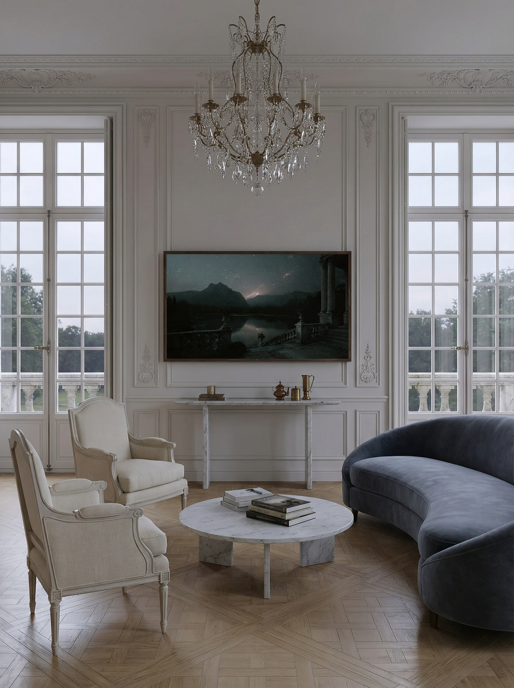 Framed fantasy artwork of a moonlit lake and distant mountains displayed in an elegant living room with chandelier and classic décor.
