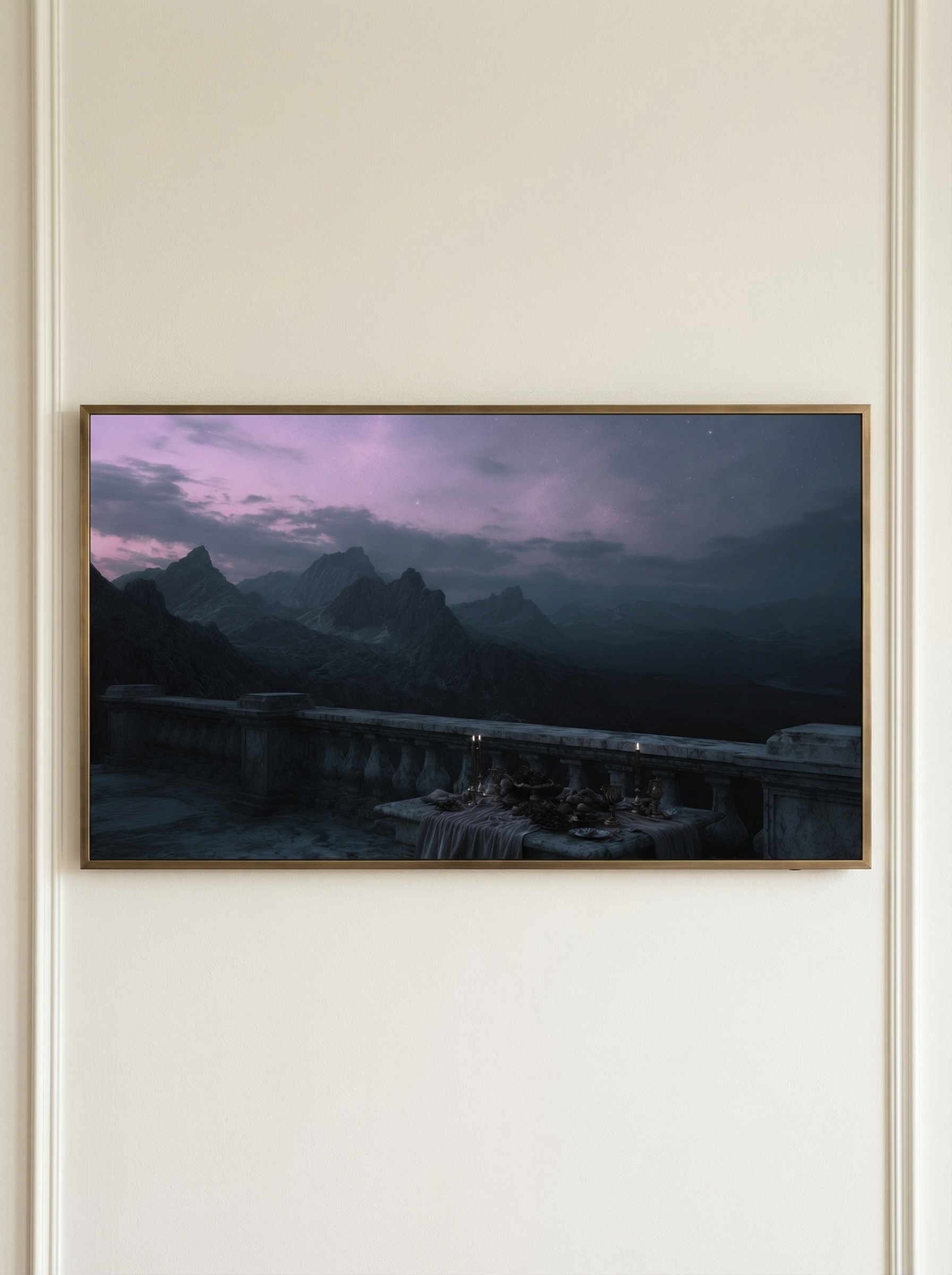Frame TV artwork of a twilight sky above mountains with a candlelit table setting on a stone terrace.