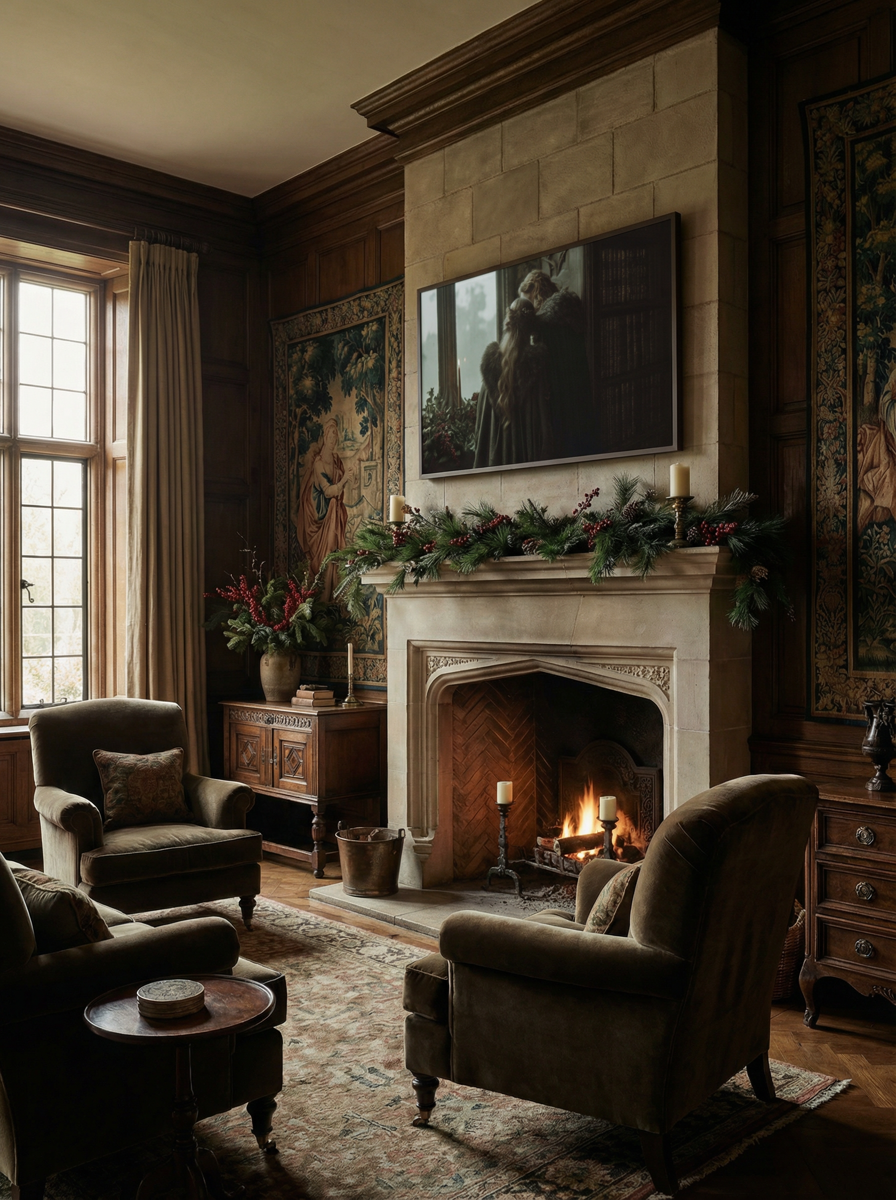 Cozy wood-paneled room with a fireplace and garland, featuring Frame TV art of two figures in a medieval winter library scene.