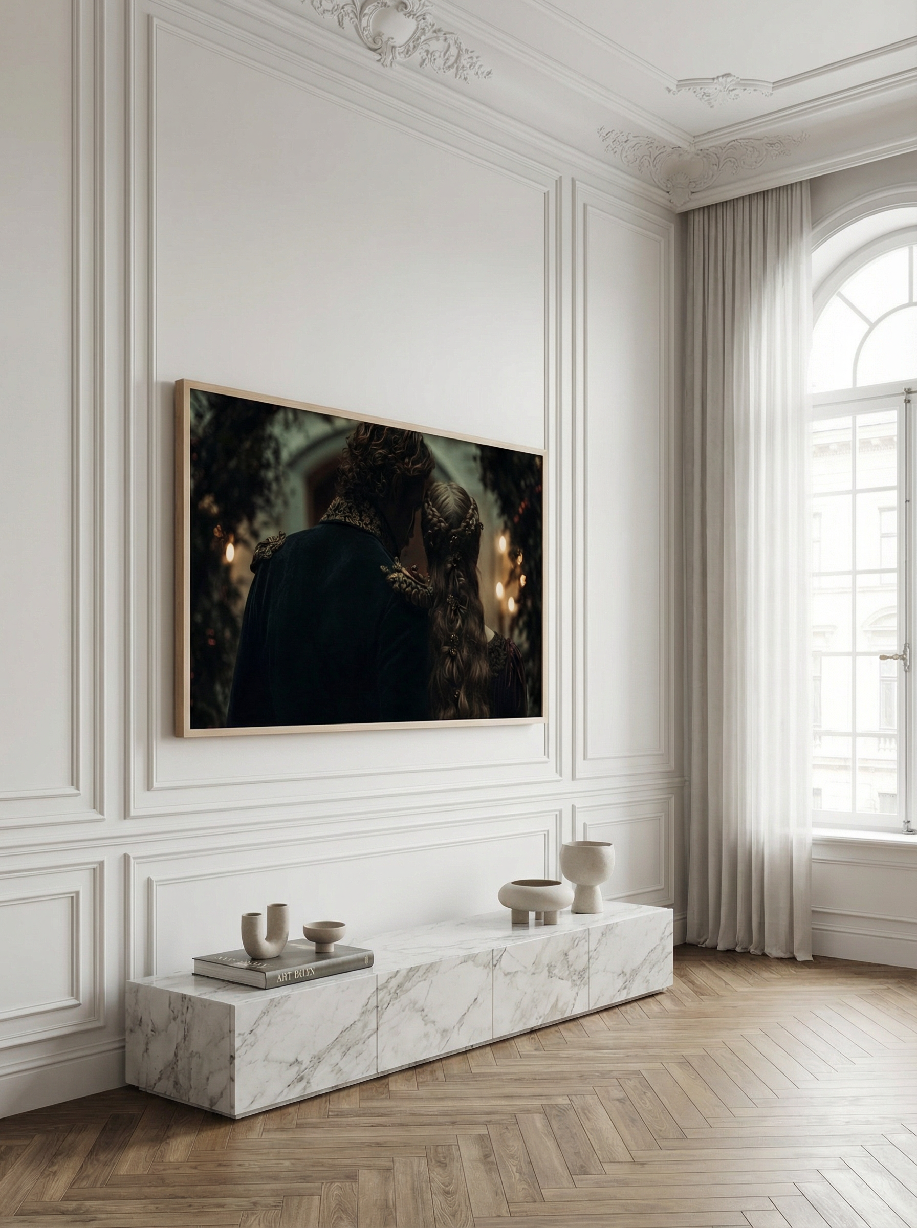 Elegant white panelled room with a marble media console and Frame TV showing romantic ballroom artwork of a couple from behind.”