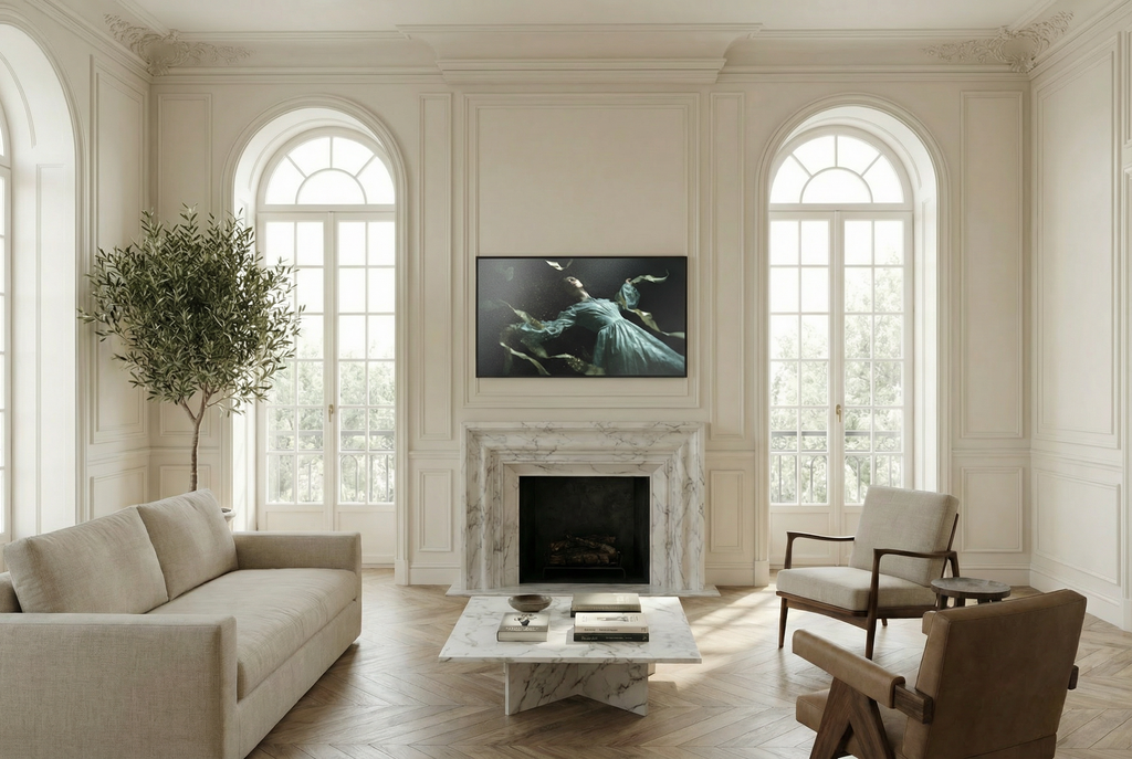 Frame TV displaying ethereal fantasy artwork of a woman drifting weightlessly in flowing blue fabric, set above a marble fireplace in a bright elegant living room.