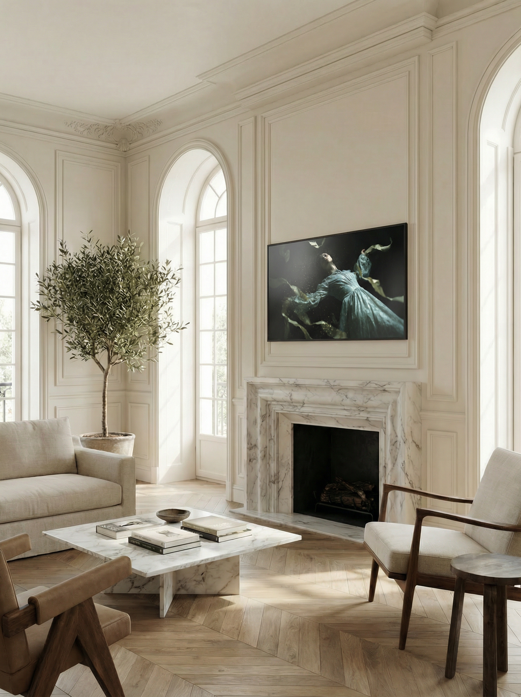 Ethereal digital artwork on a Frame TV showing a woman floating in darkness with swirling ribbons, displayed in a modern cream-toned living room.