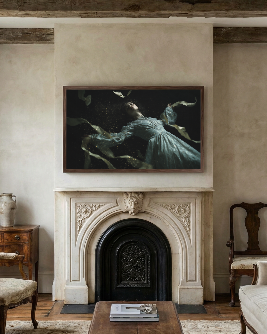 Fantasy artwork of a floating woman with gold sparkles and drifting paper displayed on a Frame TV above an ornate stone fireplace in a rustic cottage interior.
