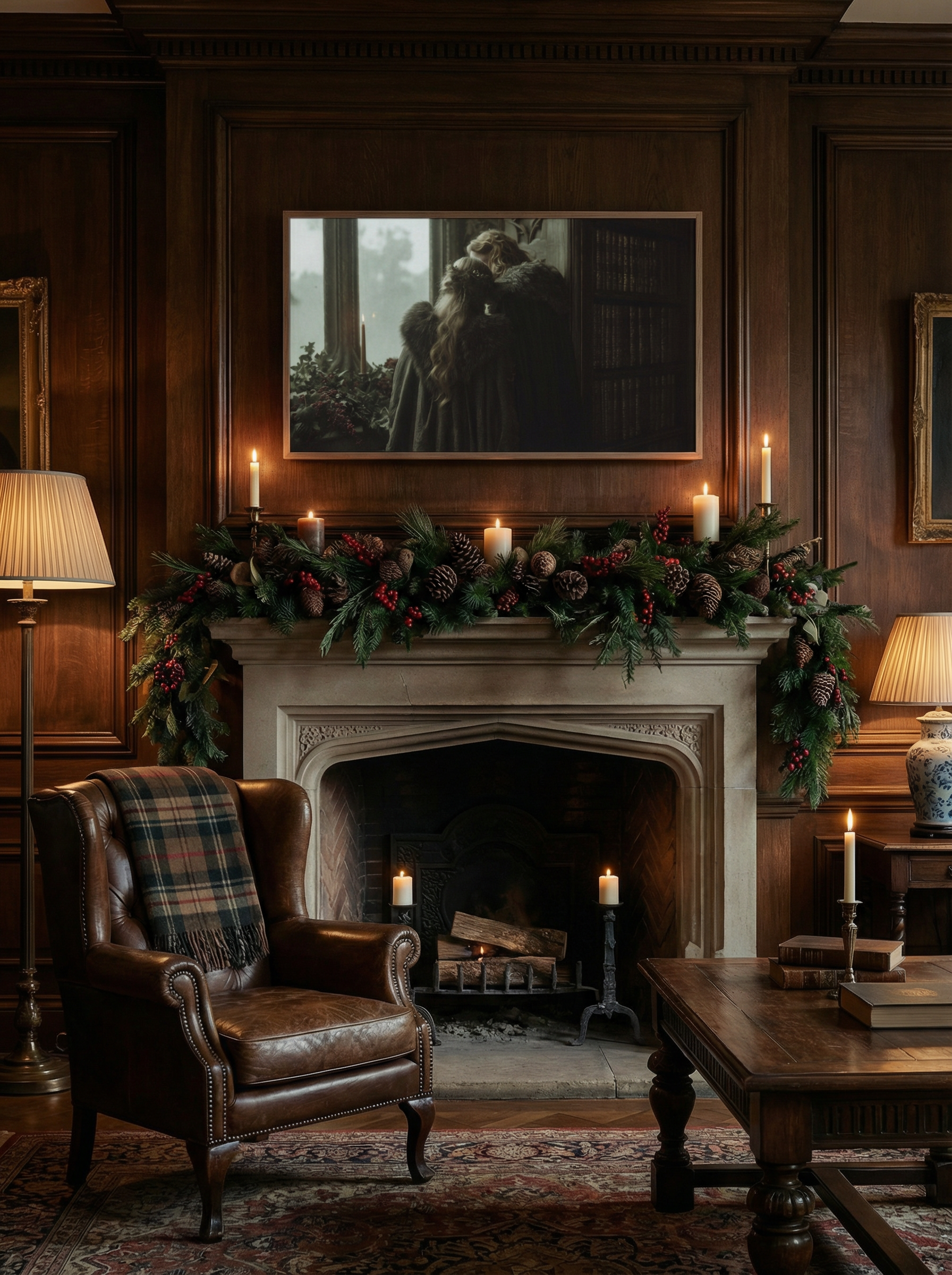 Samsung Frame TV above a holiday-decorated fireplace displaying medieval winter artwork of cloaked figures in a library.