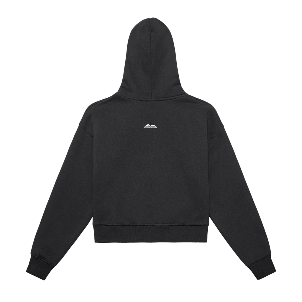 Black hoodie with a small white gleam logo on the back against a white background