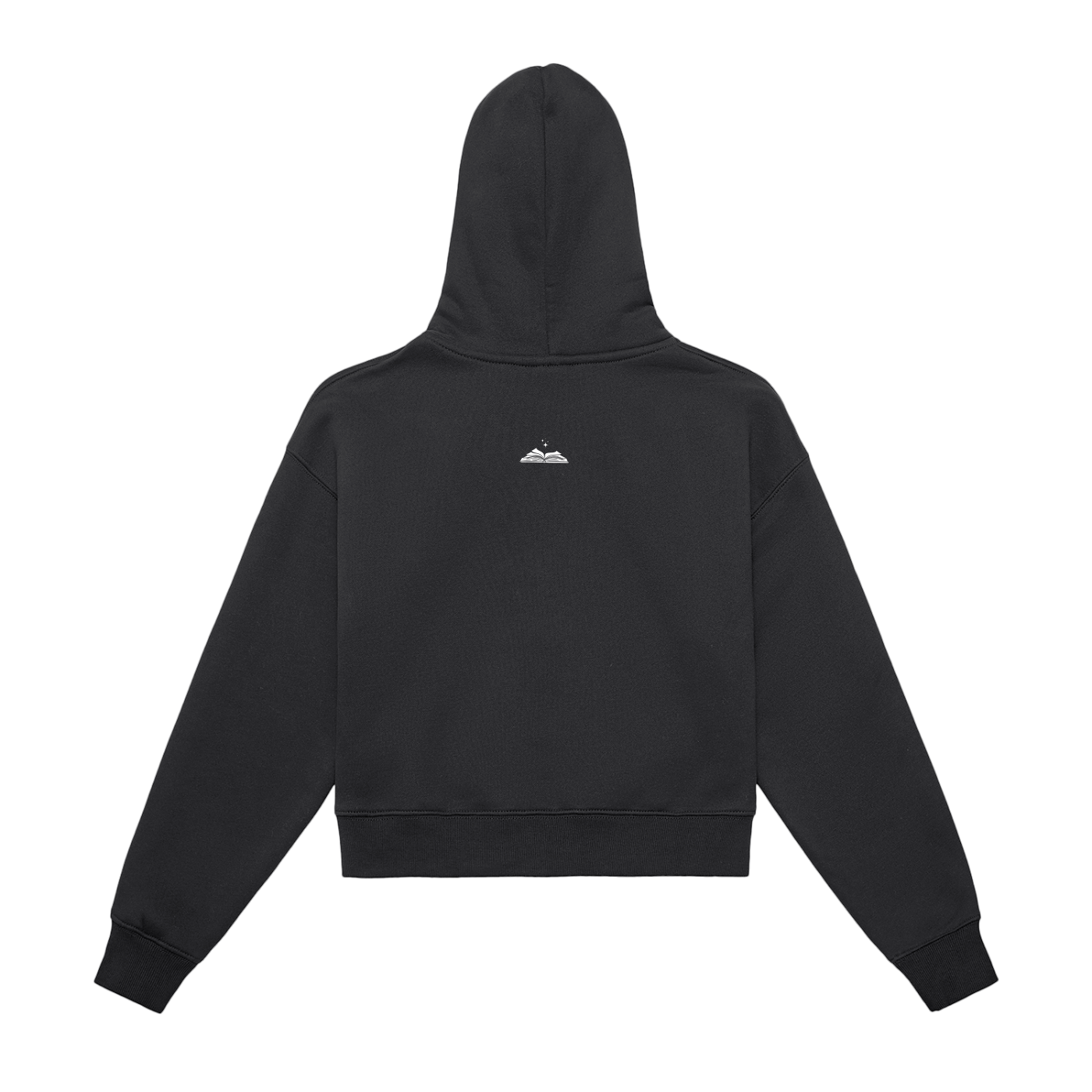 Black hoodie with a small white gleam logo on the back against a white background