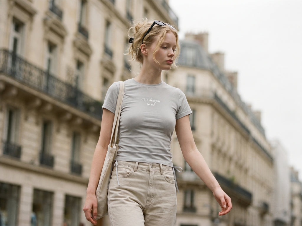 Woman walking on a city street wearing a gray t-shirt and beige pants. Shirt reads "talk dragons to me."