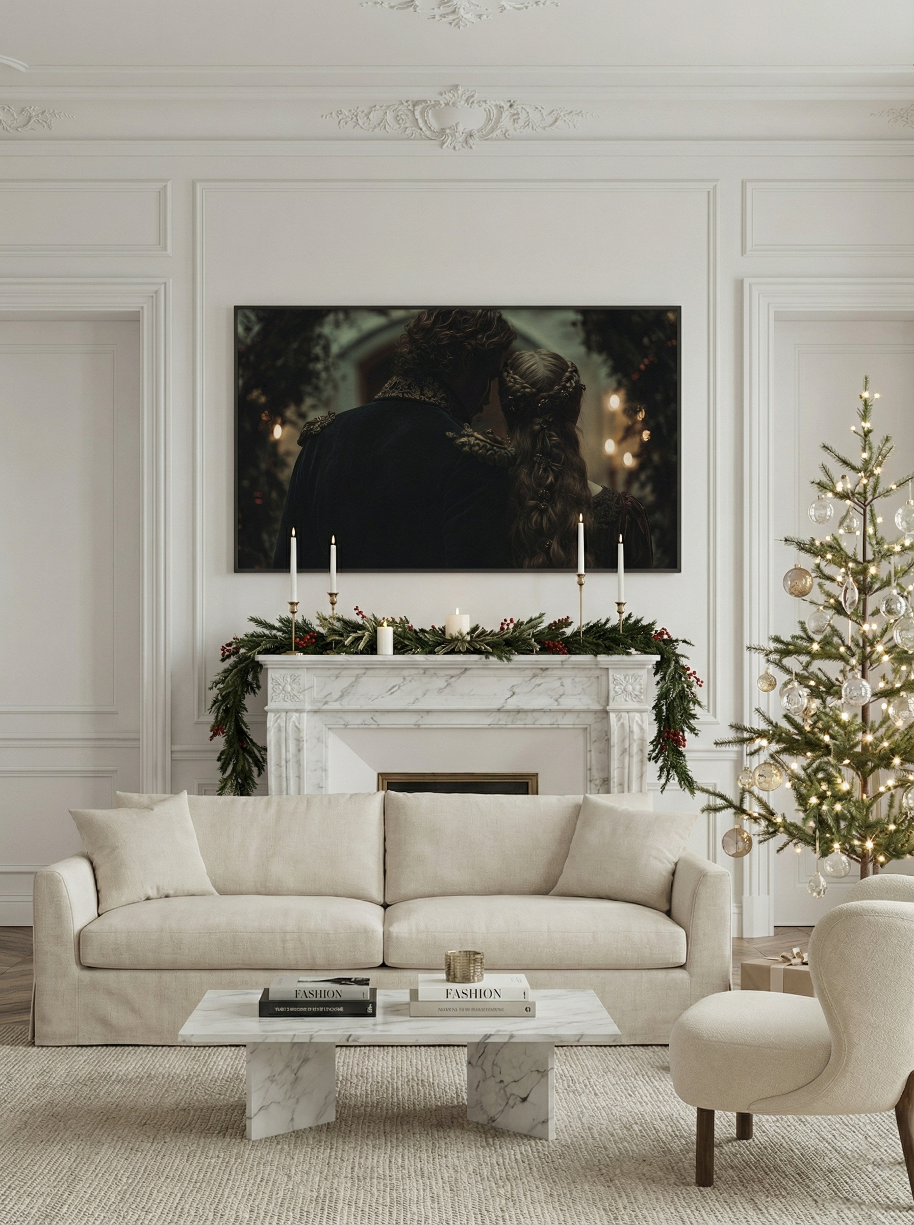 Bright living room with marble fireplace, garland, and Christmas tree, displaying romantic winter ballroom artwork on a large Frame TV.