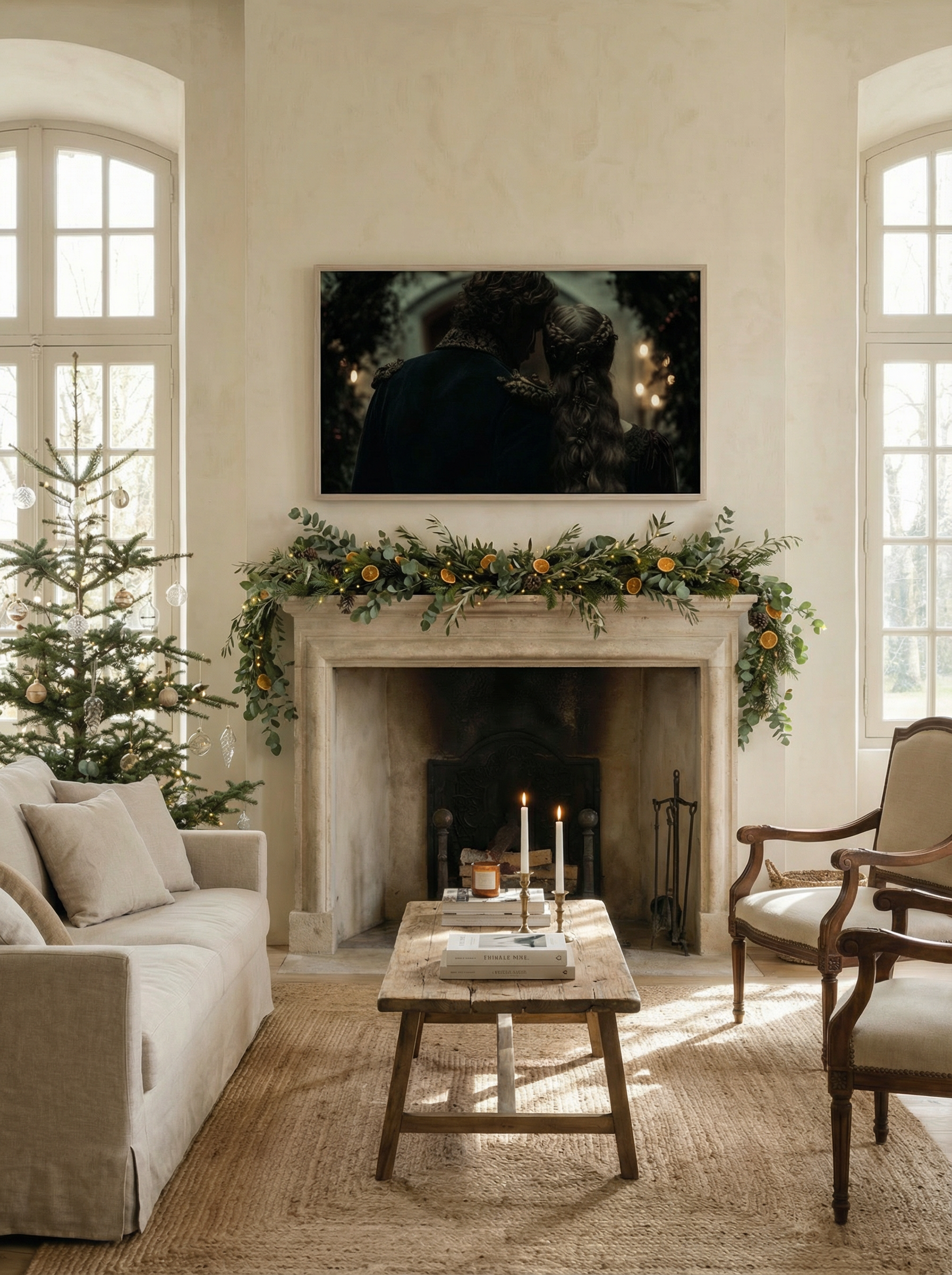Elegant bright living room with a marble fireplace and Frame TV showing romantic ballroom artwork of a couple from behind.