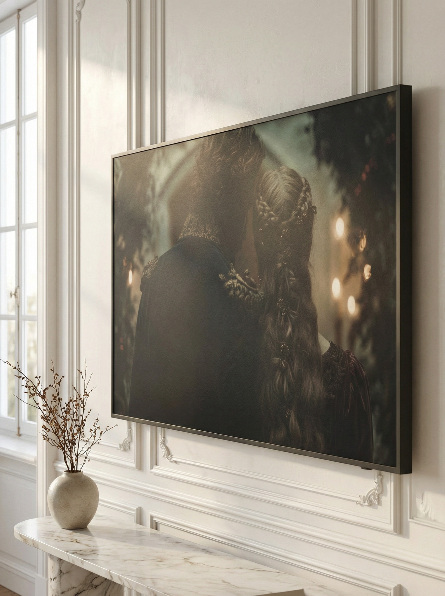 Neutral living room with a Christmas tree and stone fireplace, featuring a Frame TV displaying romantic ballroom artwork of two figures standing close together.
