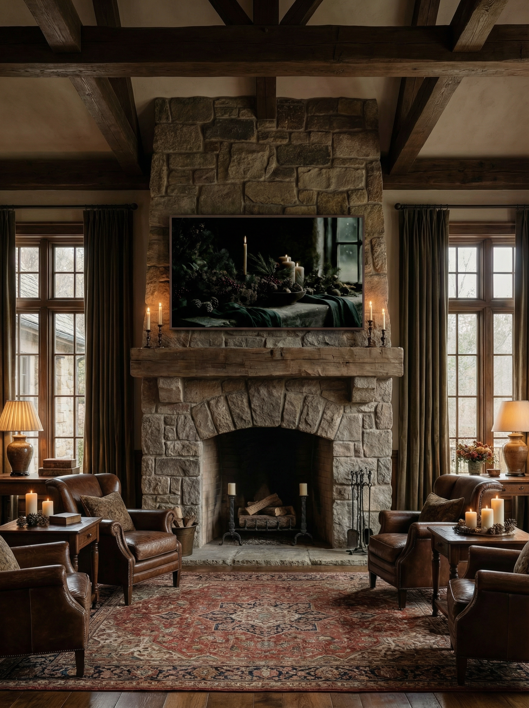 Rustic stone fireplace with leather chairs and a Frame TV displaying a candlelit winter still-life scene.