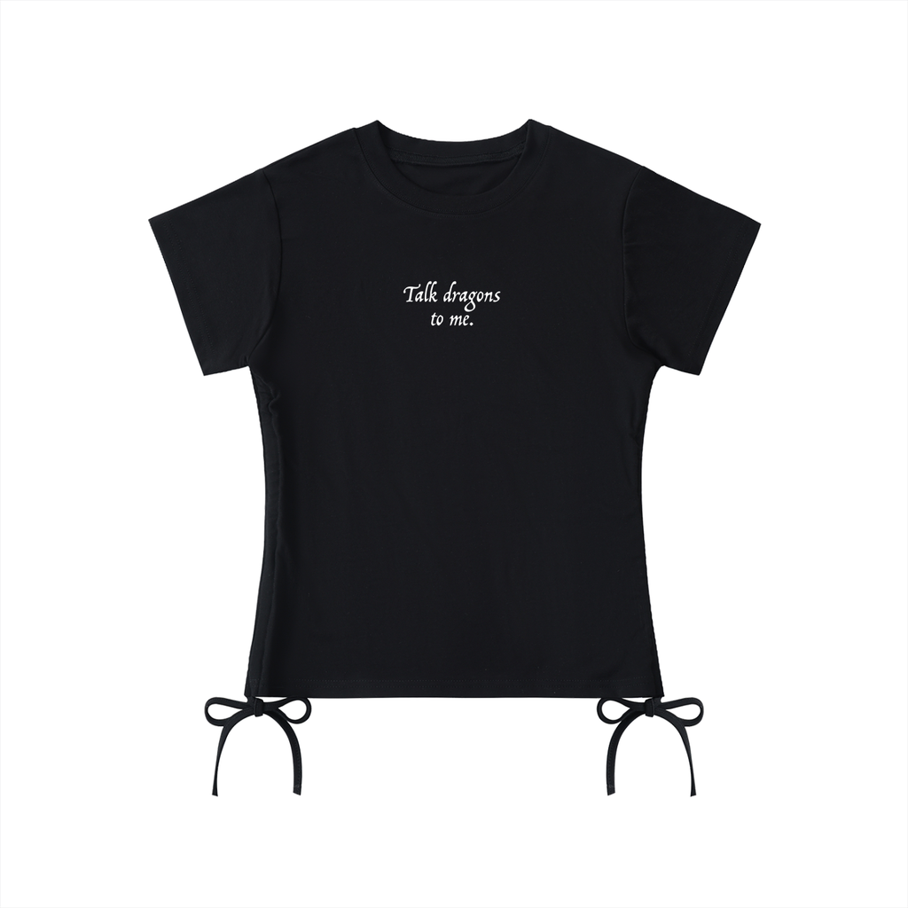 Black t-shirt with 'Talk dragons to me.' text