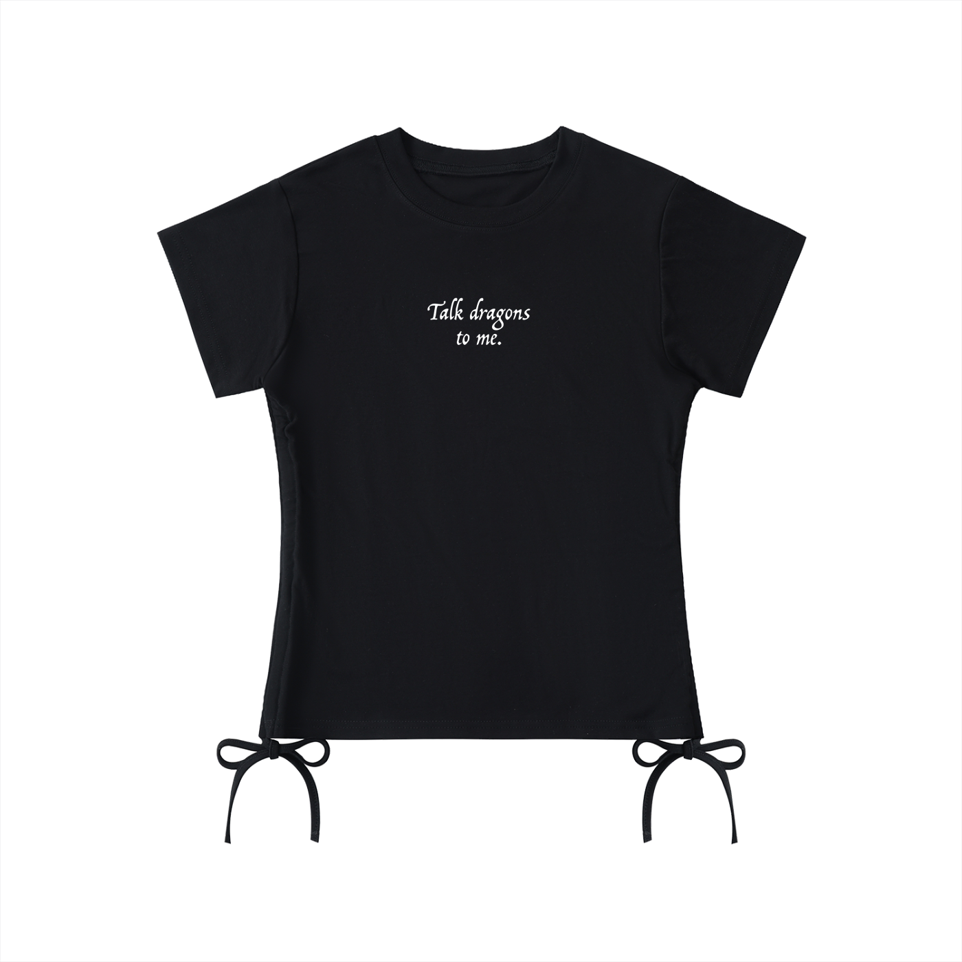 Black t-shirt with 'Talk dragons to me.' text
