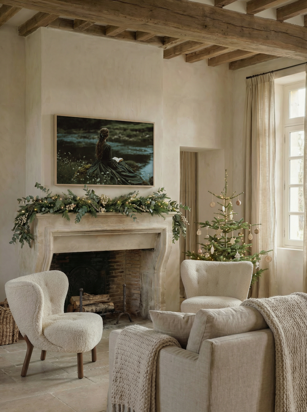 Riverside Reader artwork displayed above a rustic fireplace with exposed beams and a small decorated Christmas tree.