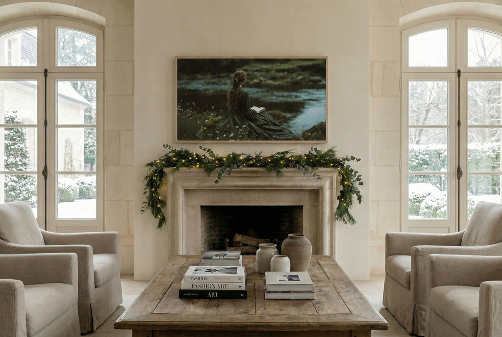 Riverside Reader print mounted above a stone fireplace decorated with winter greenery in a cozy living room.