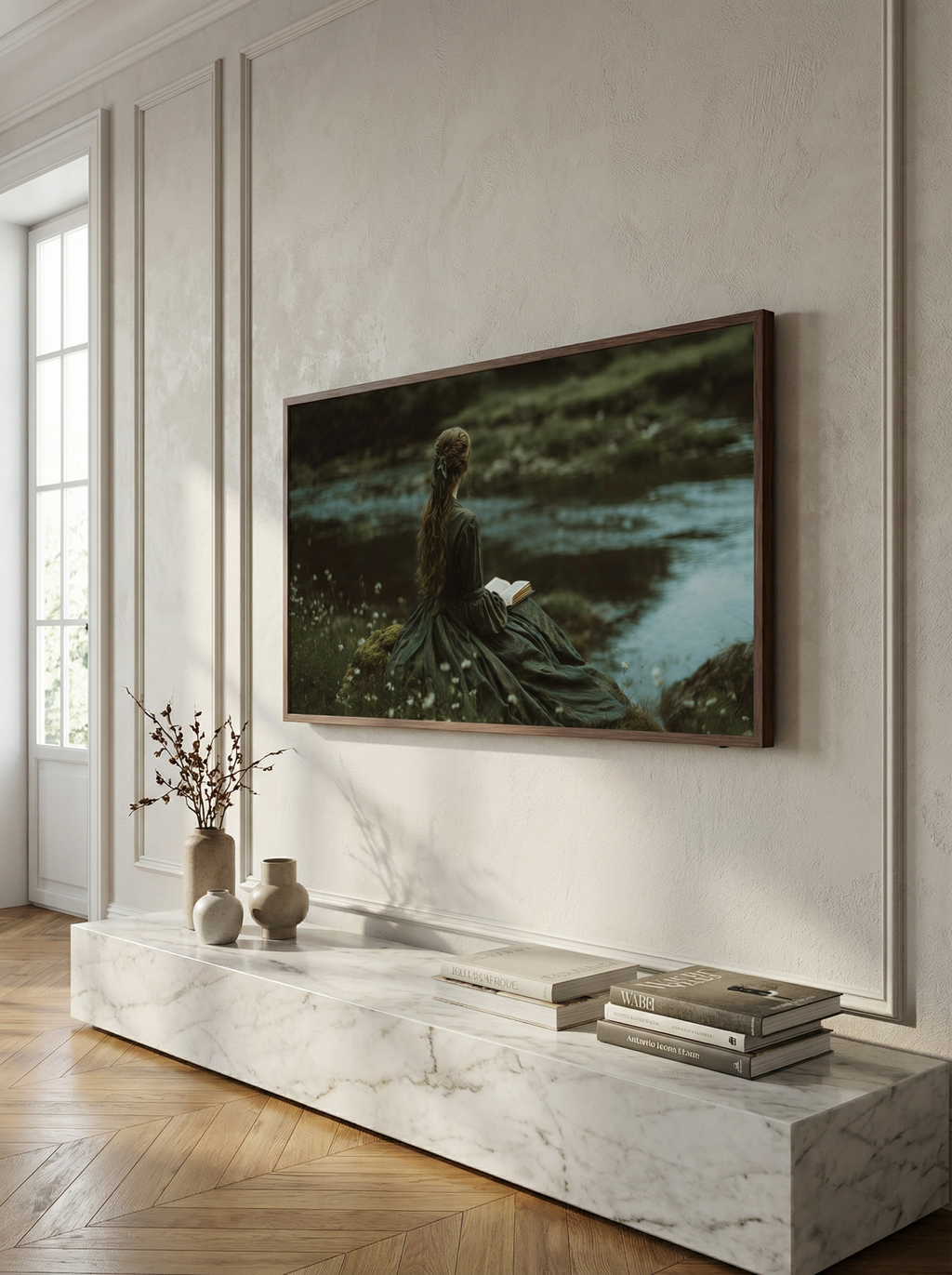 Riverside Reader artwork displayed in a modern minimalist living room with marble bench and soft natural lighting.