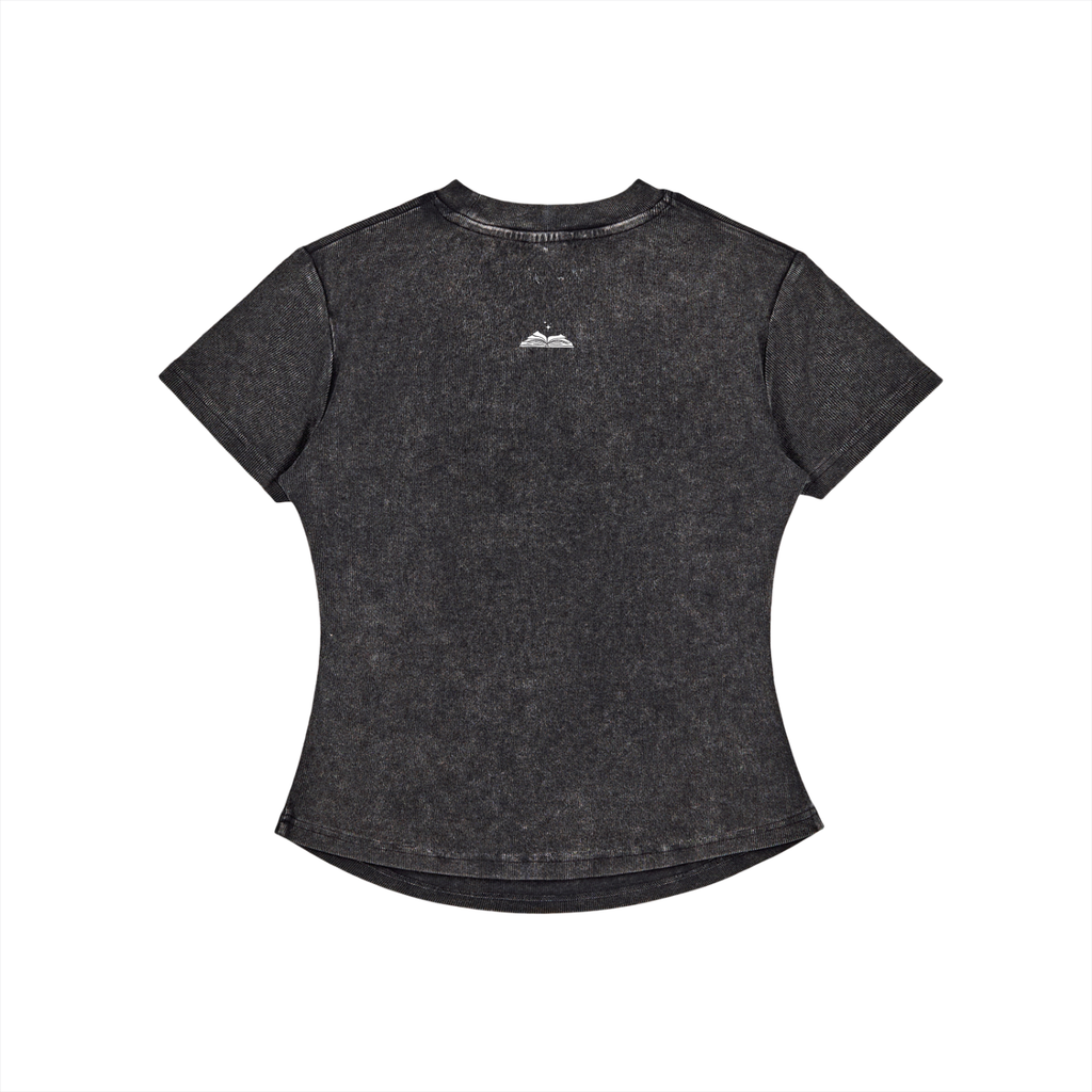 Charcoal Grey body con t-shirt with a gleam logo on the back against a white background