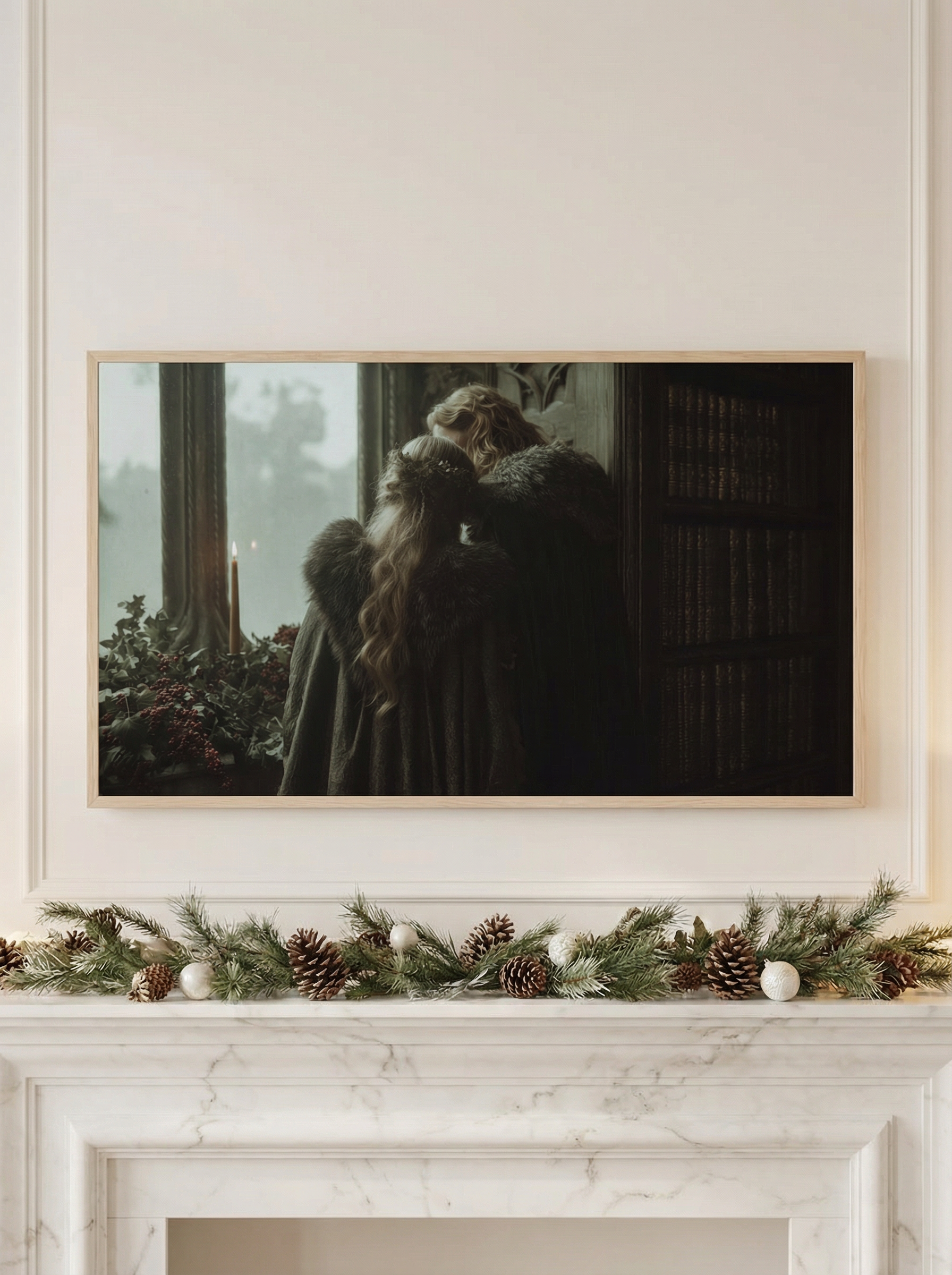 Elegant traditional living room and medieval winter library artwork shown on a Frame TV.
