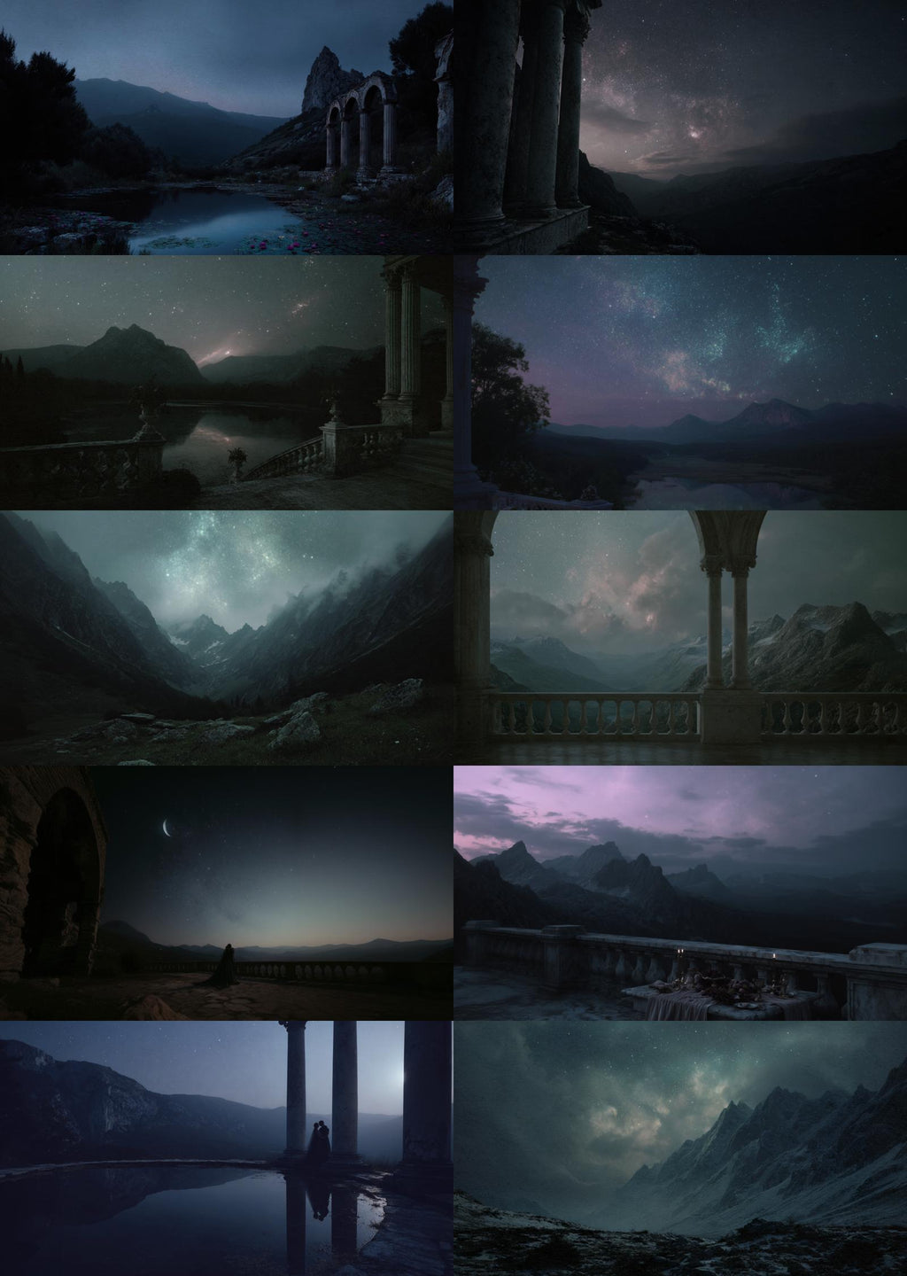 Collage grid of ten fantasy nightscape artworks featuring star-filled skies, mountains, ancient columns, serene lakes, romantic silhouettes, and celestial horizons, displayed together in an elegant two-column layout.