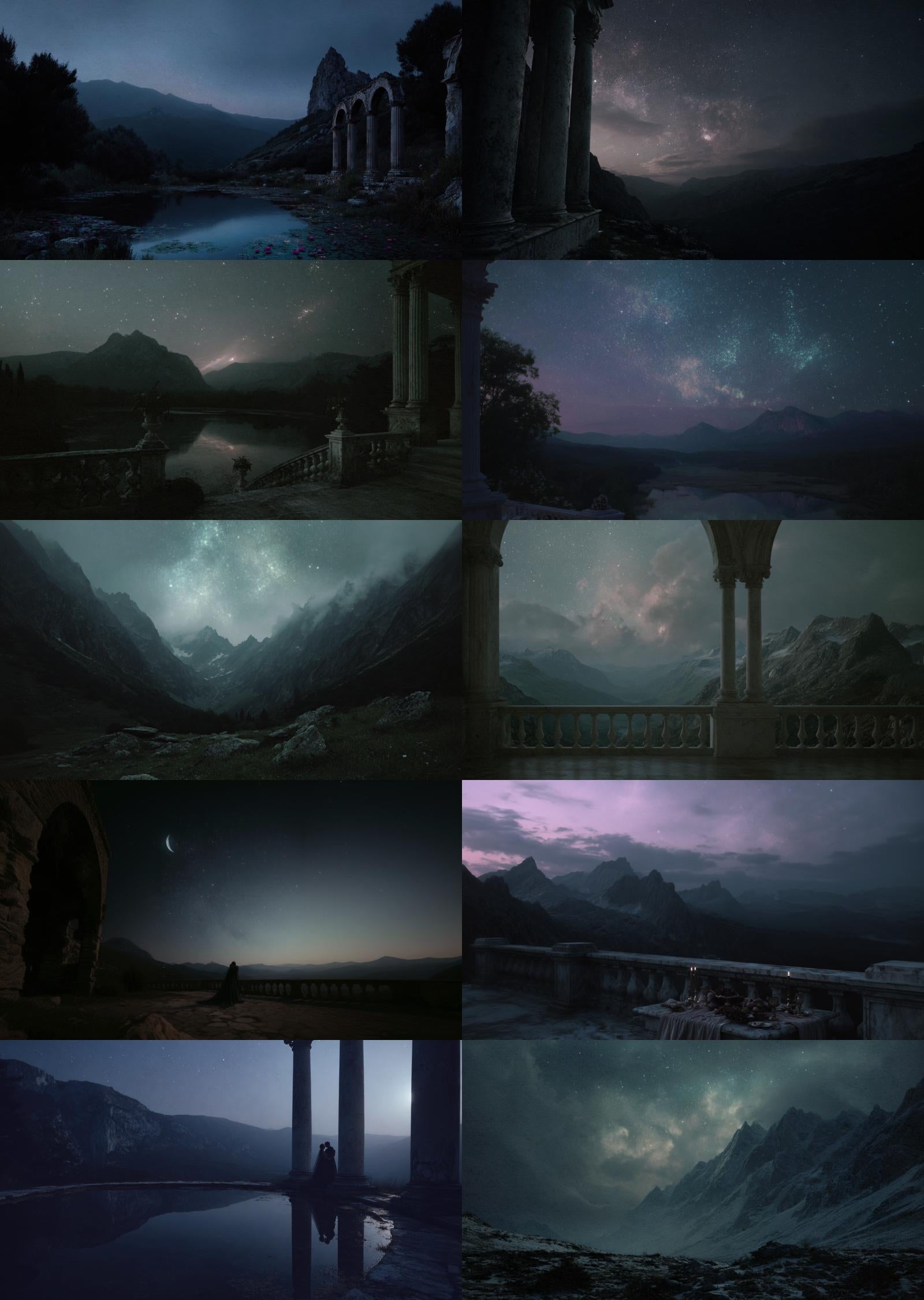 Collage grid of ten fantasy nightscape artworks featuring star-filled skies, mountains, ancient columns, serene lakes, romantic silhouettes, and celestial horizons, displayed together in an elegant two-column layout.