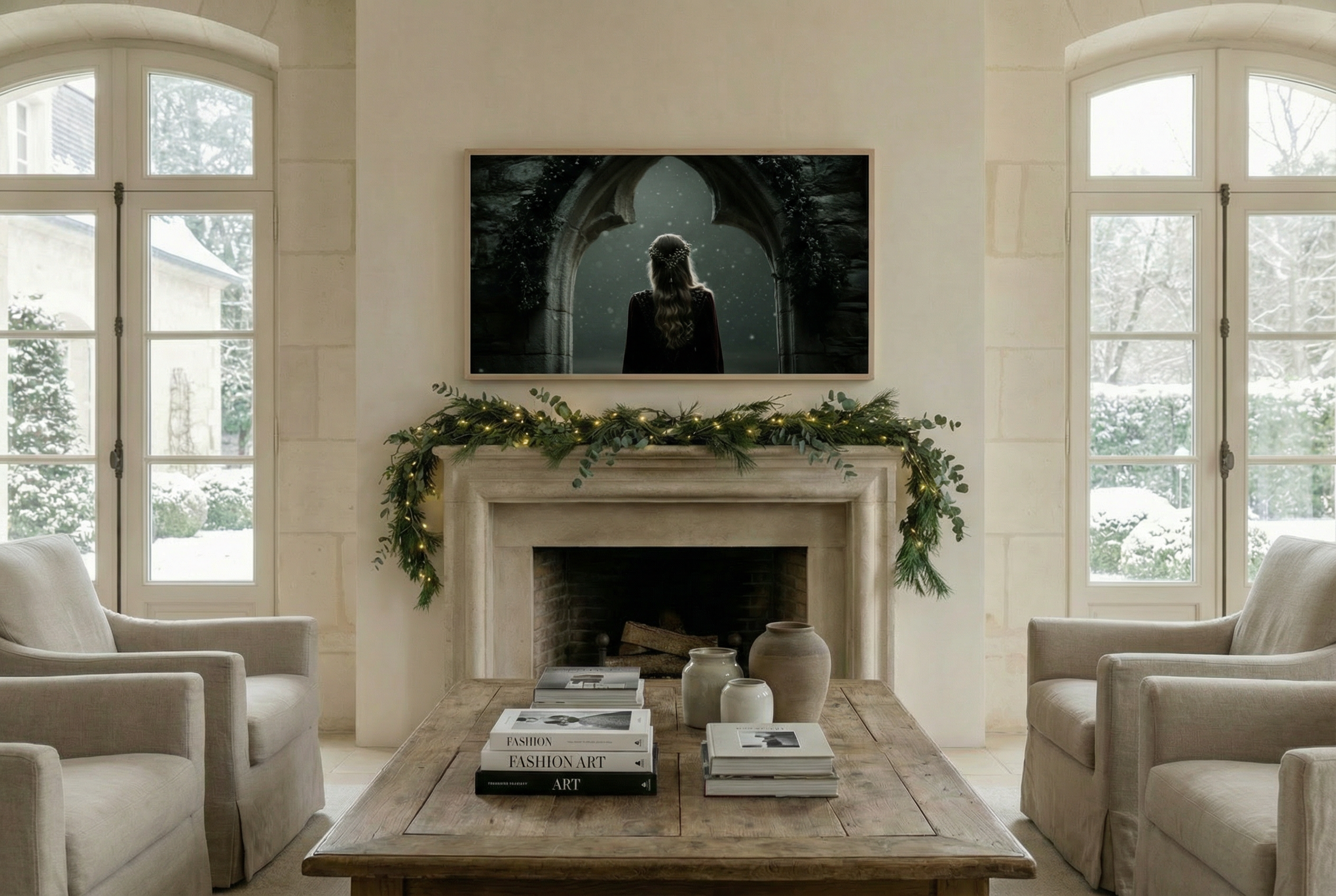 A romantasy-inspired Frame TV artwork displayed above a light stone fireplace in a neutral living room decorated with soft holiday greenery.
